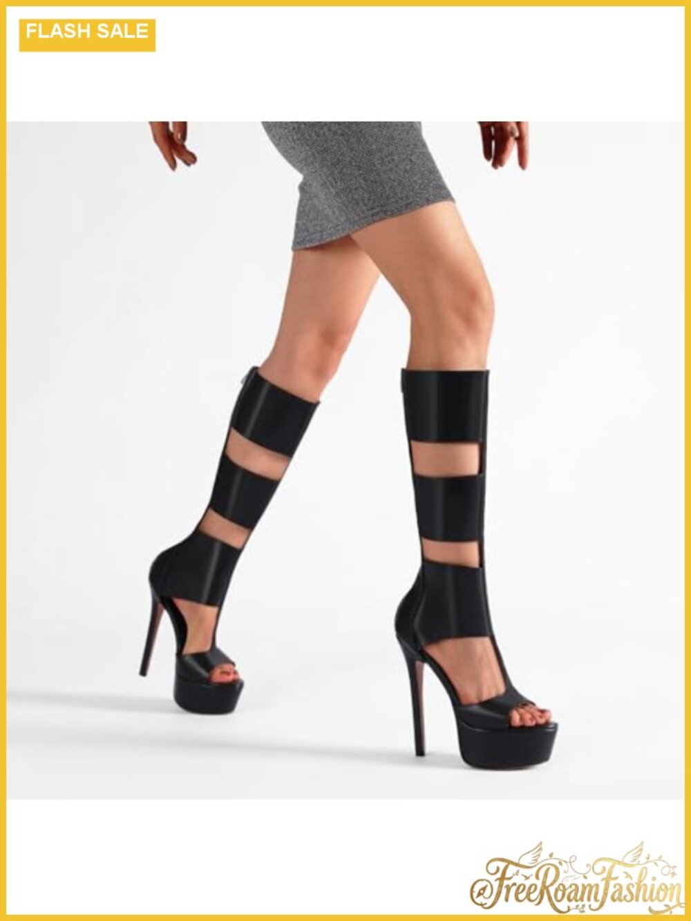 FancyQueen Platform Knee High Heels Faux Leather Gladiator Peep Toe Summer Boots - Picture 3 of 6